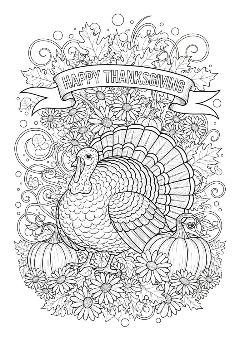 Thanksgiving Turkey with Daisies Coloring Page